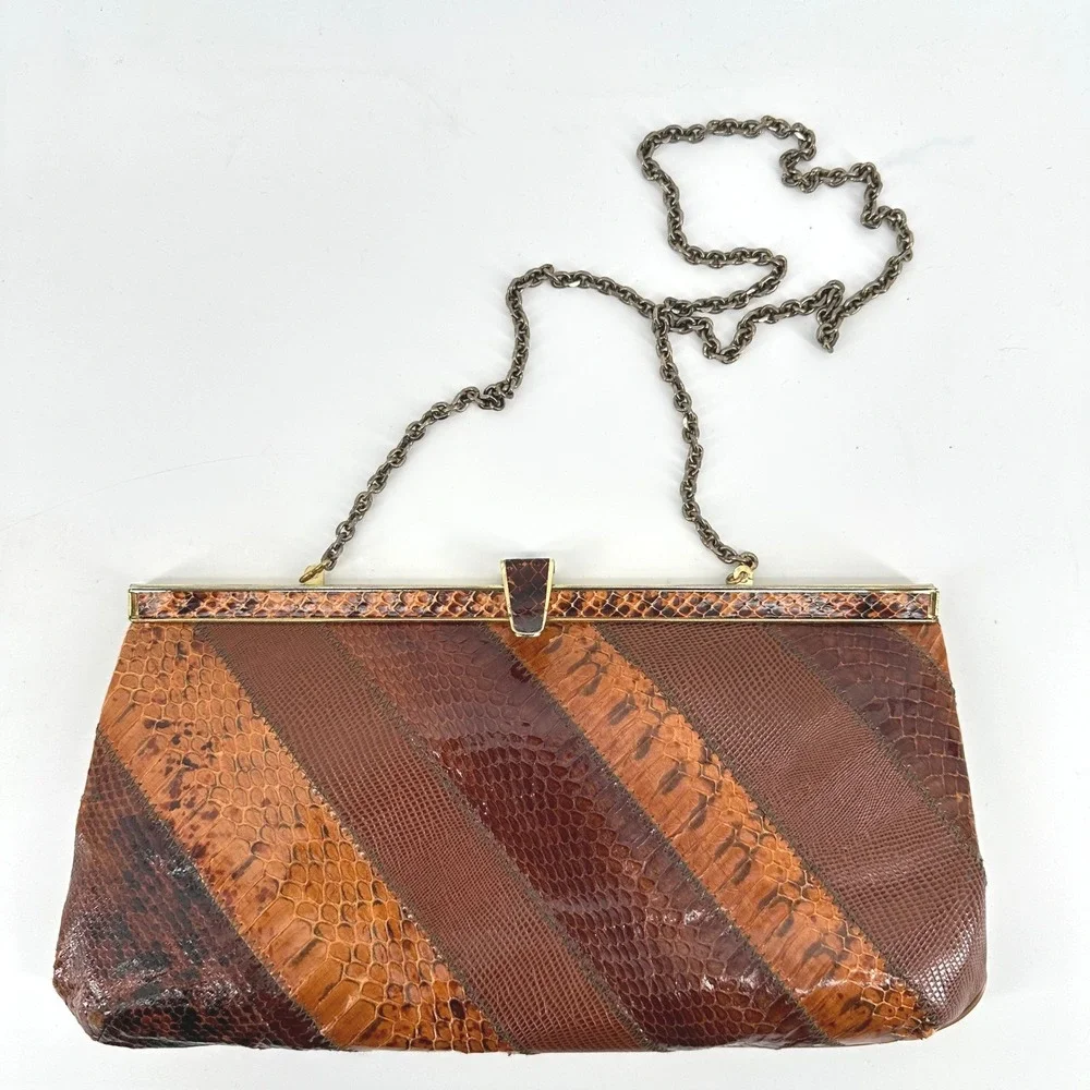 Vintage Snakeskin Patchwork Clutch‎ Women Small Brown Evening Retro Cocktail